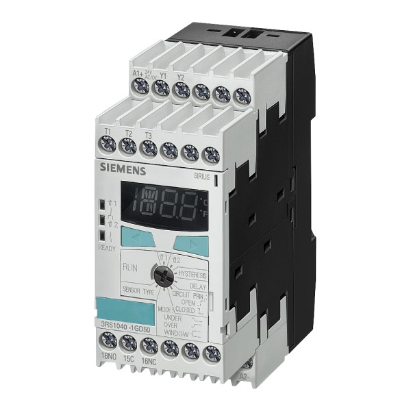 Relé de vigilancia de temperatura PT100/1000 KTY83/84, NTC 2 umbrales ajuste digital -50 °C a 750 °C (en función del sensor) AC/DC 24-240 V 2 x 1 CO + 1 NA, Anchura 45 mm borne de tornillo