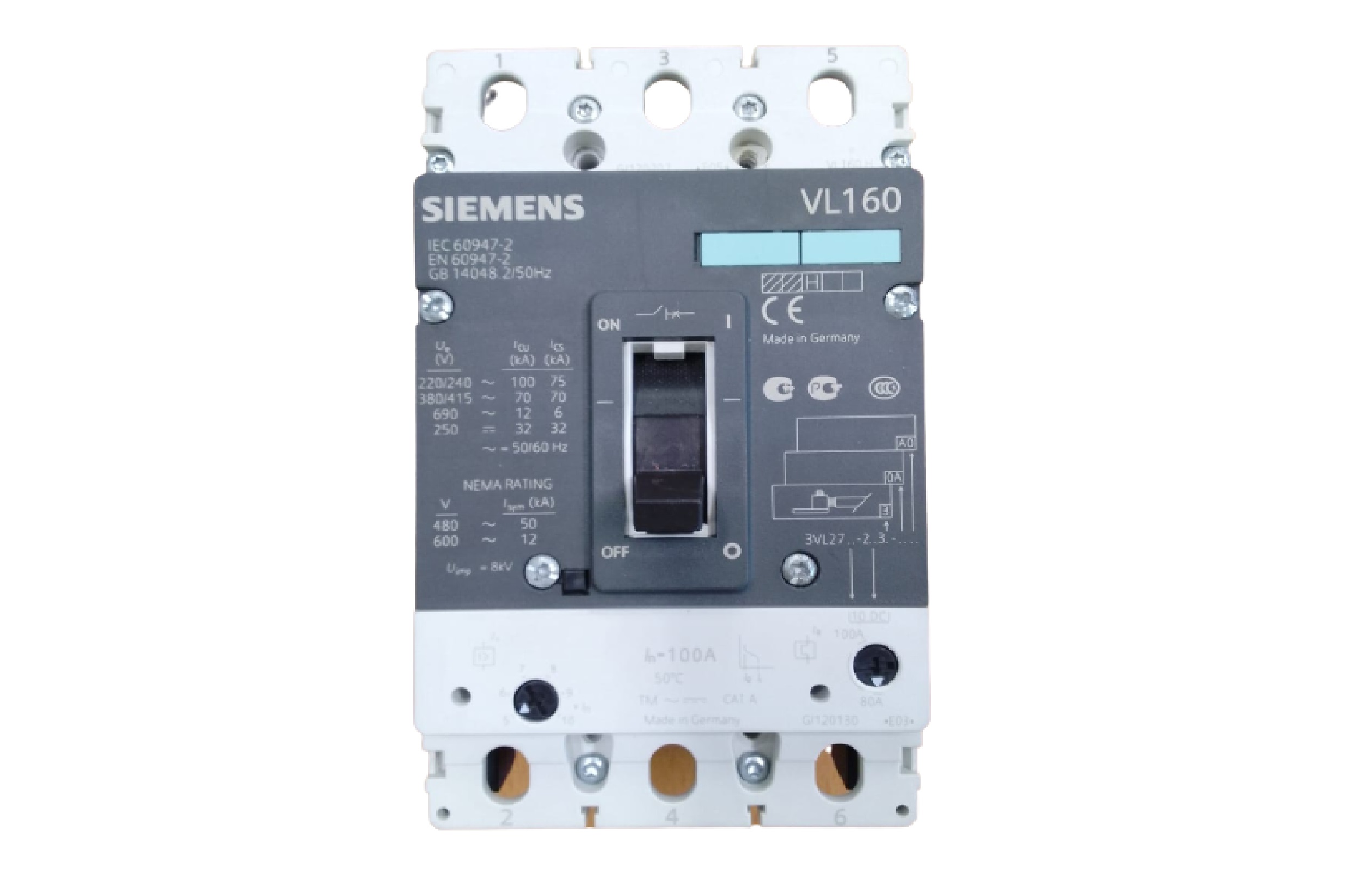 Breaker Siemens con su unidad de disparo 3VL9210-7DC30, LI 3P 100A, 70kA/415Vac