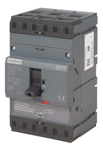 Breaker Siemens 3VT1716 3polos 160A, 690Vac poder de corte 25kA en 415Vac y unidad de disparo electrónica