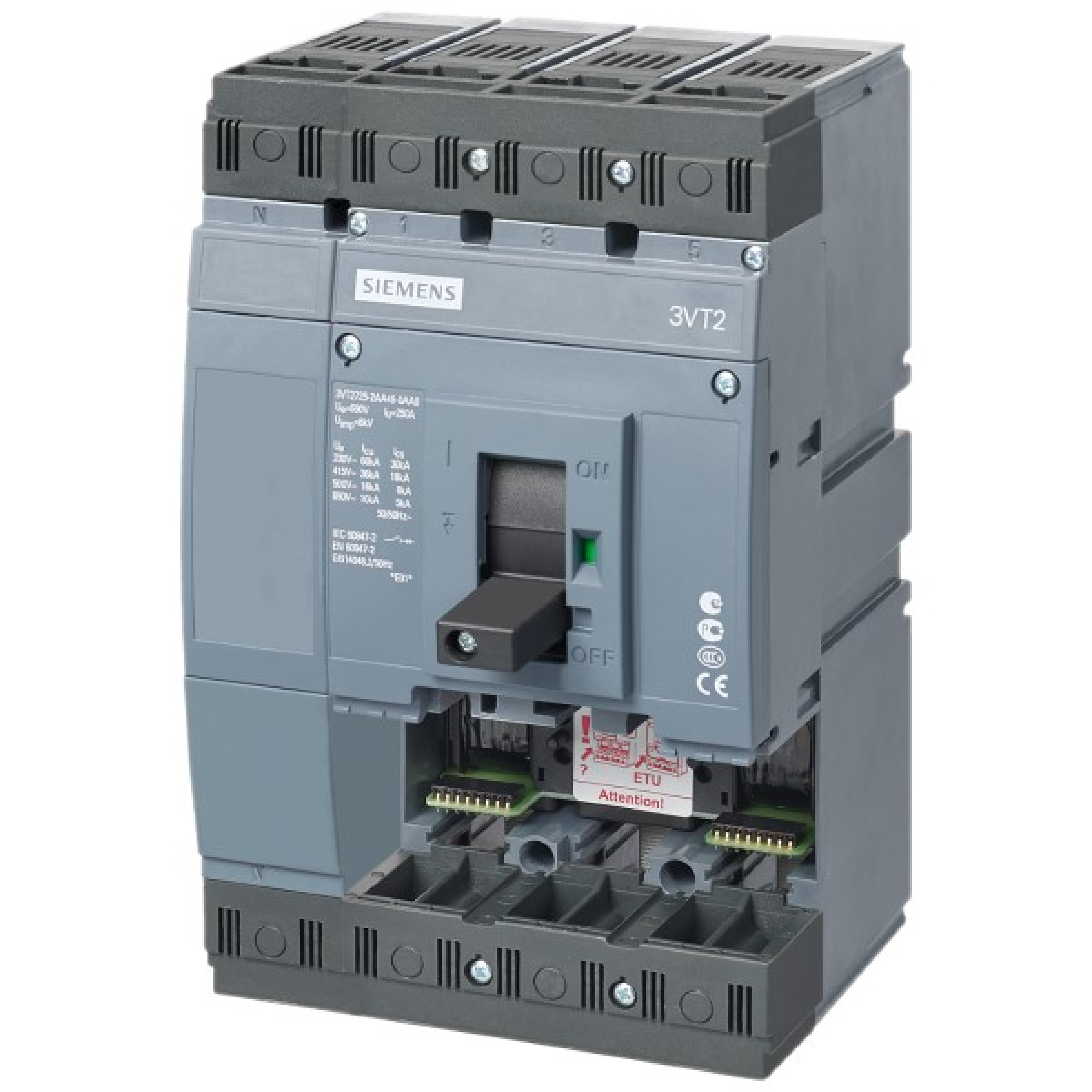 Breaker automático 3VT2 poder de corte estándar Icu=36 kA 415Vac 4 polos; interruptor automático sin disparador de sobreintensidad N conmutado sin disparador auxiliar sin interruptor auxiliar/de alarma.