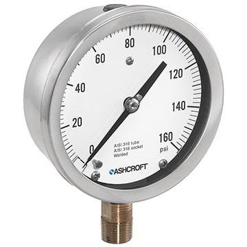 MANÓMETROS - 451009SL02BXFF5000# DIÁMETRO: 4.5 PULGADAS; UNIDADES: PSI; RANGO DE PRESIÓN: 0 A 5000 PSI; MATERIAL DEL TUBO: TUBO Y ENCHUFE DE ACERO INOXIDABLE 316; CONEXIÓN DE PROCESO: NPT DE 1/4 PULGADA; UBICACIÓN DE LA CONEXIÓN: POSTERIOR ASHCROFT