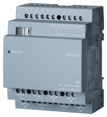 Módulo de expansión digital Siemens LOGO! DM16 230R (6ED1055-1FB10-0BA2). 8 entradas digitales (115/230V AC/DC) y 8 salidas digitales (Relé). Alimentación 115/230V AC/DC. Diseñado para ampliar sistemas lógicos LOGO! 8.