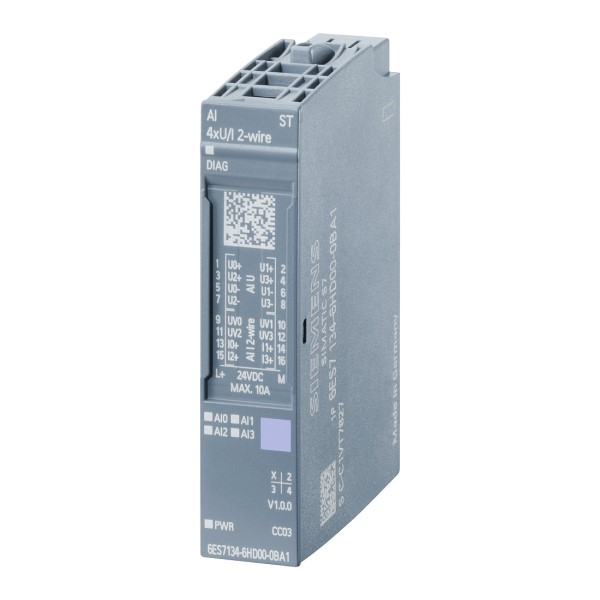 SIMATIC ET 200SP, módulo de entradas analógicas, AI 4XU/I 2 hilos Standard, 1 unid. por paquete, código de color CC00, código color CC03, diag. módulo, 16bit, +/-0,3%