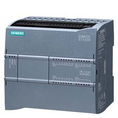 SIMATIC S7-1200, CPU 1214C, CPU compacta, CA/CC/relé, E/S integradas: 14 DI 24 V CC; 10 DO relé 2 A; 2 AI 0-10 V DC, Fuente de alimentación: AC 85-264 V AC a 47-63 Hz, Programa/memoria de datos 50 KB