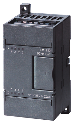 Módulo mixto E/S Siemens EM 223, 4 entradas 24VDC / 4 salidas transistor 24VDC. Ref: 6ES7223-1BF22-0XA0. Compatible con S7-200. Producto descontinuado, disponible como repuesto para mantenimiento de sistemas industriales existentes.