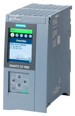 SIMATIC S7-1500, CPU 1516-3 PN/DP, módulo central con memoria de trabajo de 2 MB para programa y 7,5 MB para datos, 1.ª interfaz: PROFINET IRT con switch de 2 puertos, 2.ª interfaz: PROFINET RT, 3.ª interfaz: PROFIBUS, rendimiento bits 6 ns