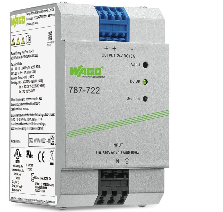 Fuente de alimentación, ECO, monofásico, Tensión de salida 24V DC, Corriente de salida 5A. WAGO