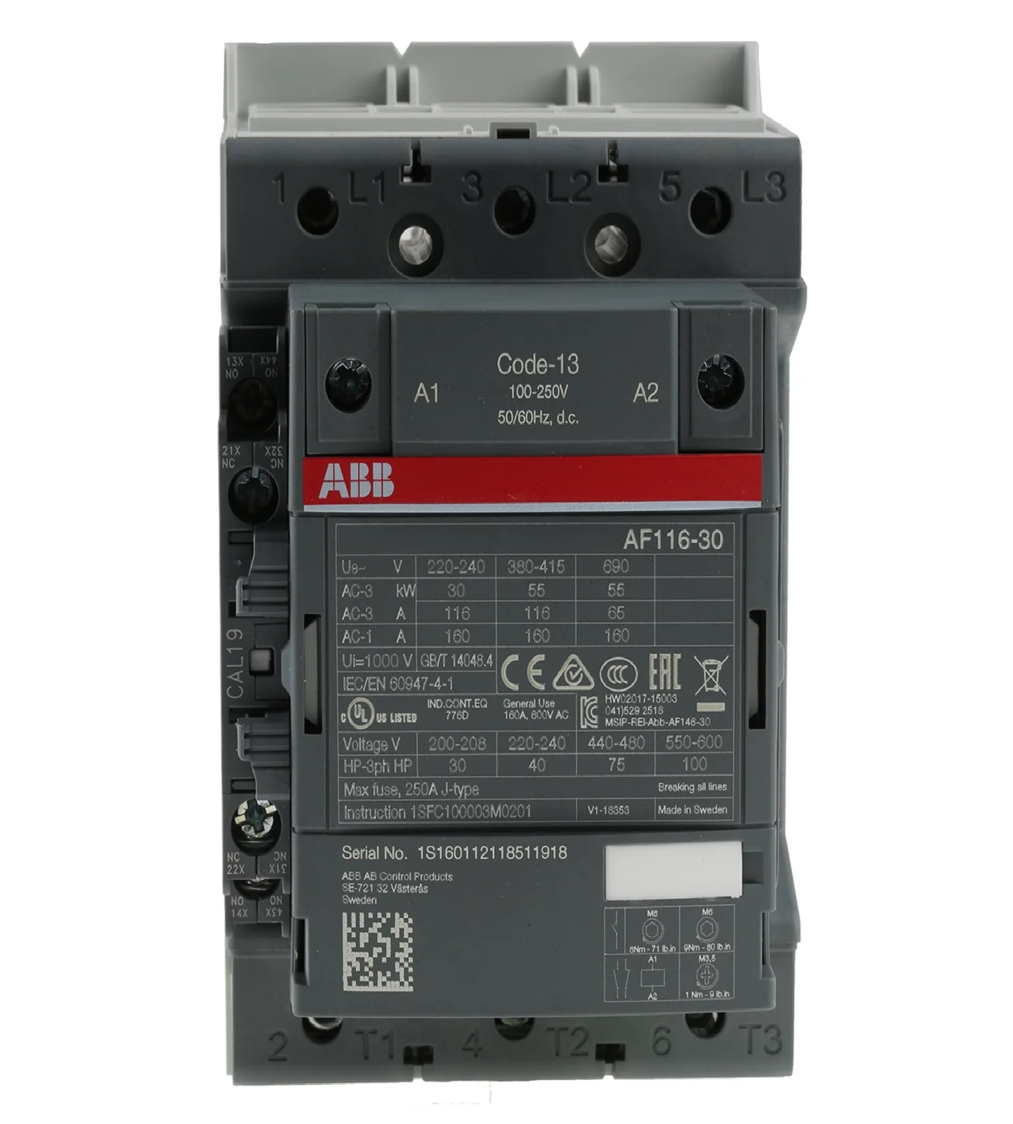 Contactor Marca ABB, 3P, AC3-116A, 690V, Bobina de rengo 100-250Vac/dc