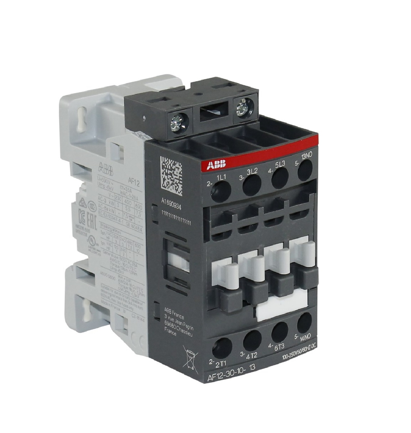 Contactor Marca ABB, 3P, AC3-12A, 690V, Bobina de rengo 100-250Vac/dc