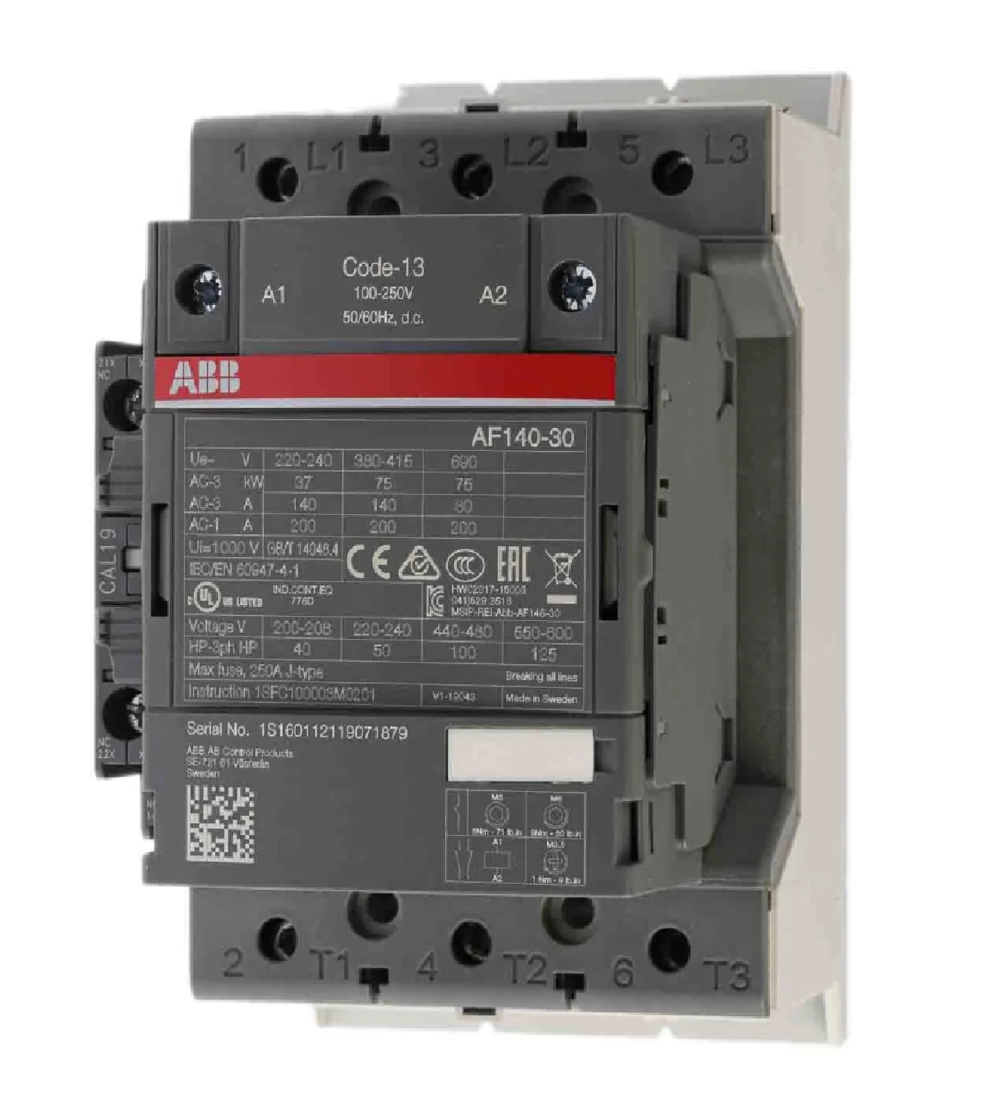 Contactor Marca ABB, 3P, AC3-140A, 690V, Bobina de rengo 100-250Vac/dc