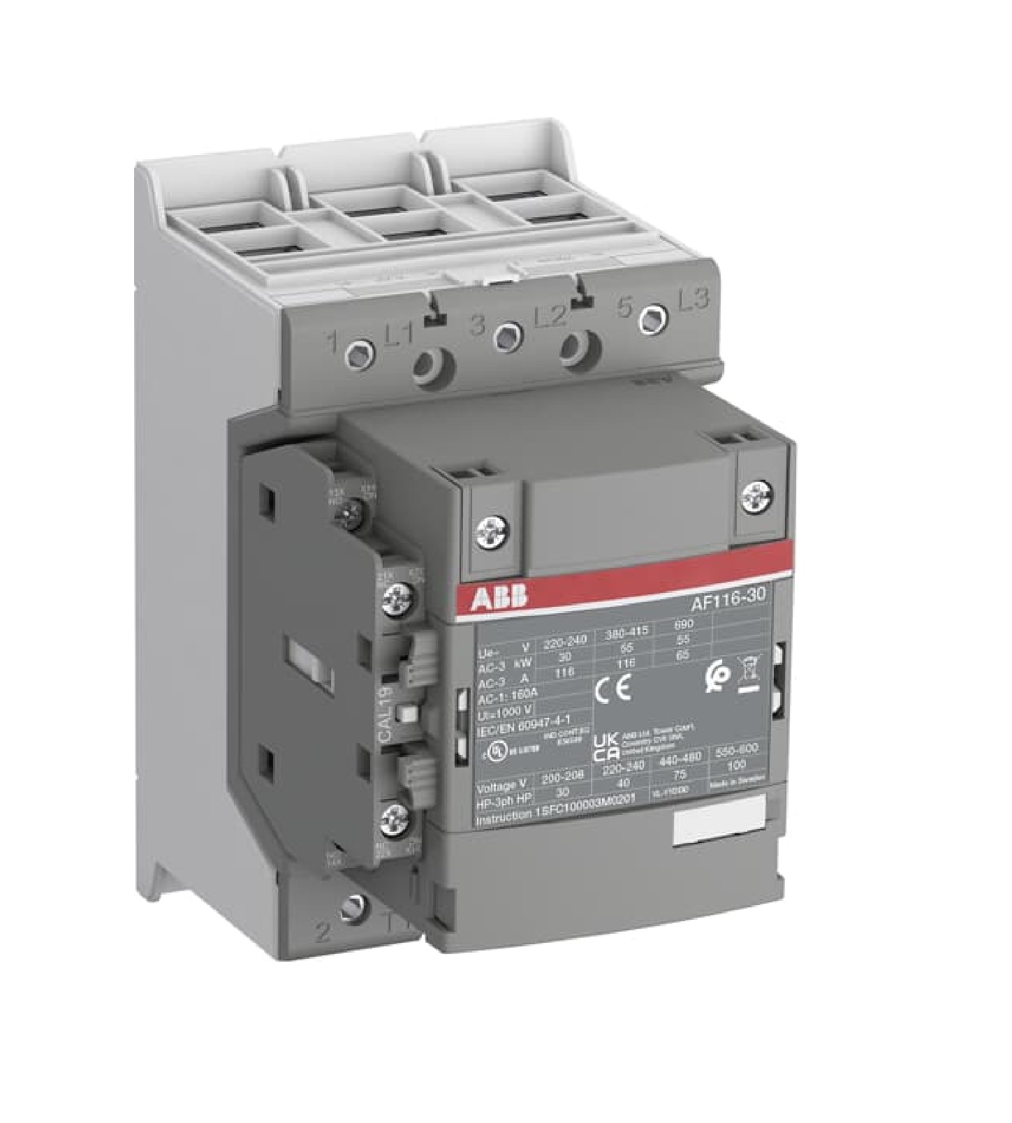 Contactor Marca ABB, 3P, AC3-146A, 690V, Bobina de rengo 100-250Vac/dc