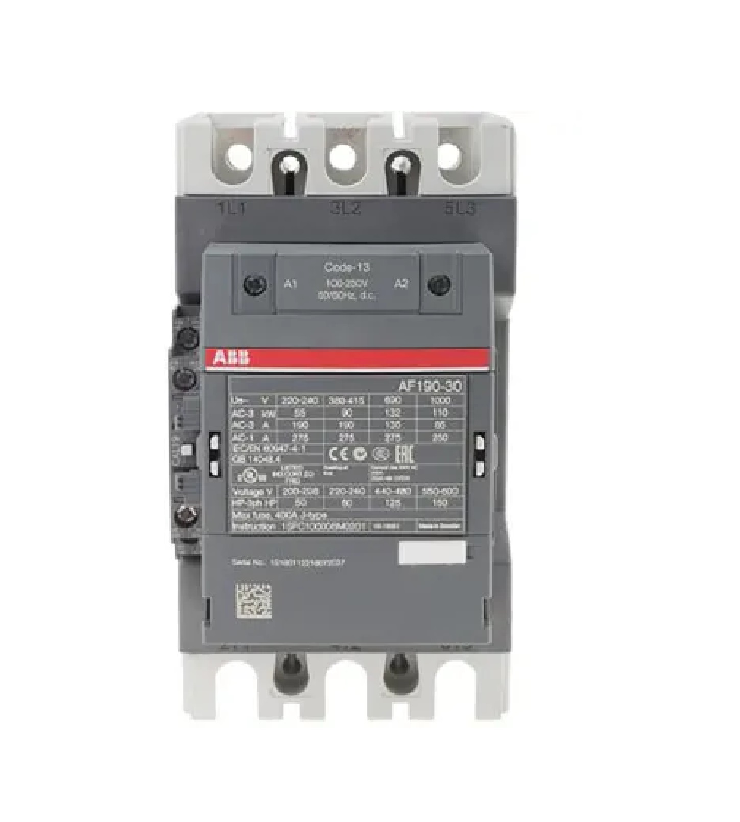 Contactor Marca ABB, 3P, AC3-190A, 690V, Bobina de rengo 100-250Vac/dc