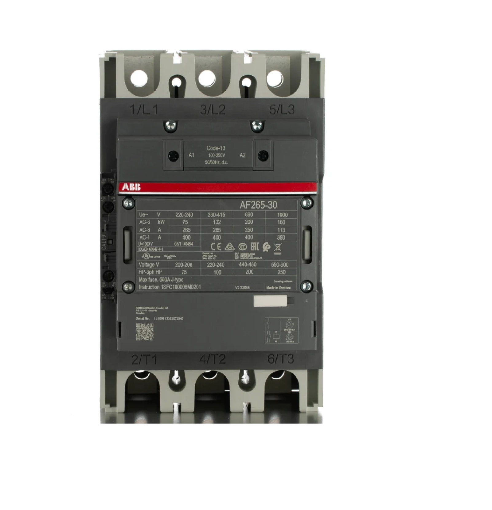 Contactor Marca ABB, 3P, AC3-265A, 690V, Bobina de rango 100-250Vac/dc