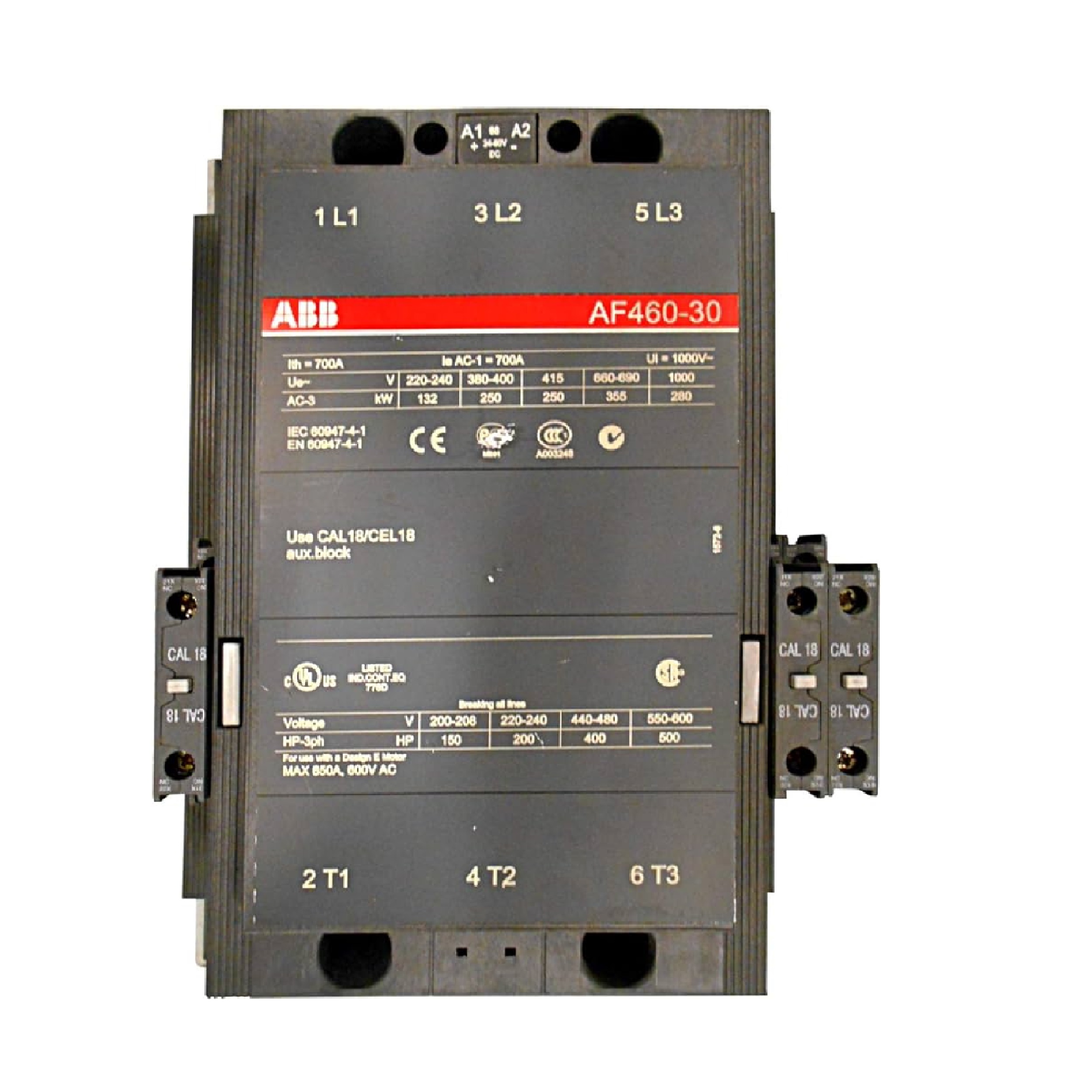 Contactor Marca ABB, 3P, AC3-460A, 690V, Bobina de rengo 100-250Vac/dc