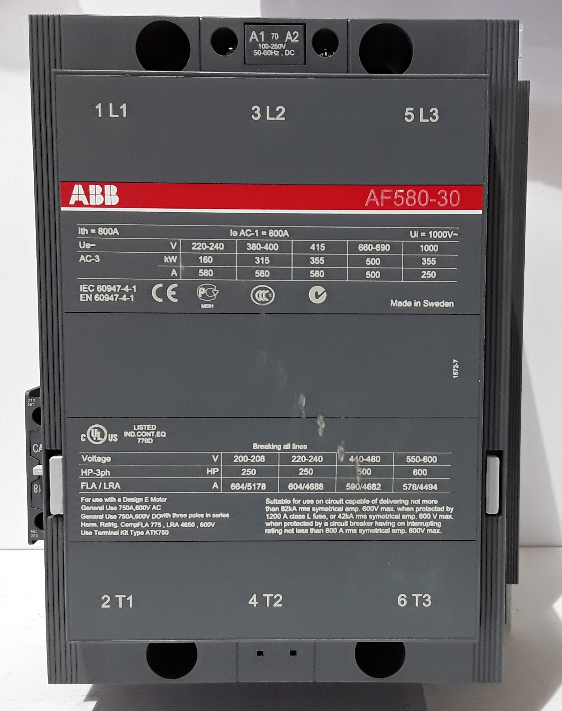 Contactor Marca ABB, 3P, AC3-580A, 690V, Bobina de rengo 100-250Vac/dc