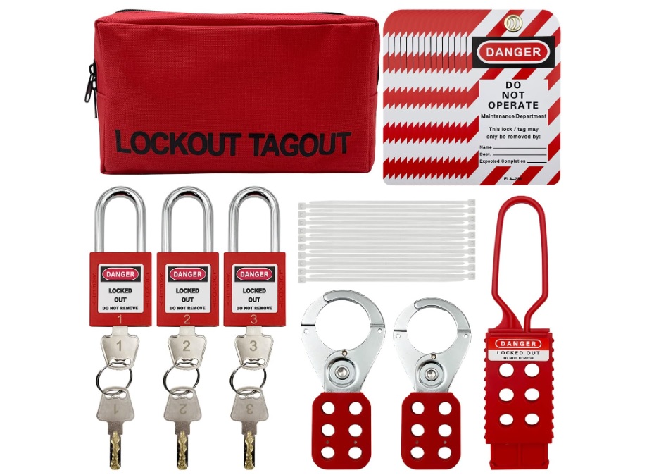 Kit de etiquetado de bloqueo eléctrico Loto - Cerrojos de bloqueo para grupos, etiquetas de bloqueo, candados de seguridad con número, lazos de nailon con bolsa de bolsillo (kit rojo)