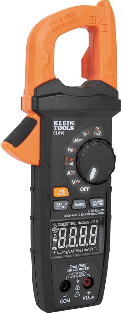 Pinza amperimétrica digital profesional de 600 A CA/CC con rango automático y luz de trabajo