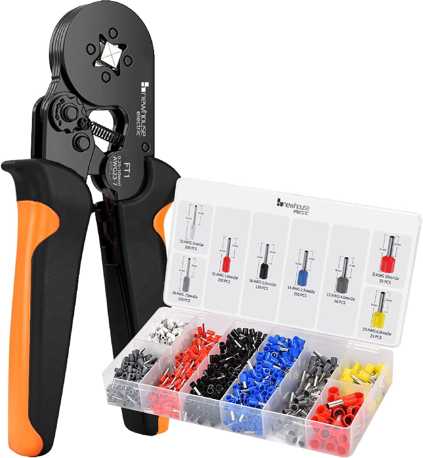 FTK1200 Kit de herramientas de crimpado de virola con herramienta de crimpado de alambre, contenedor de nailon de virola de alambre seguro y 1,200 conectores de cable eléctrico,