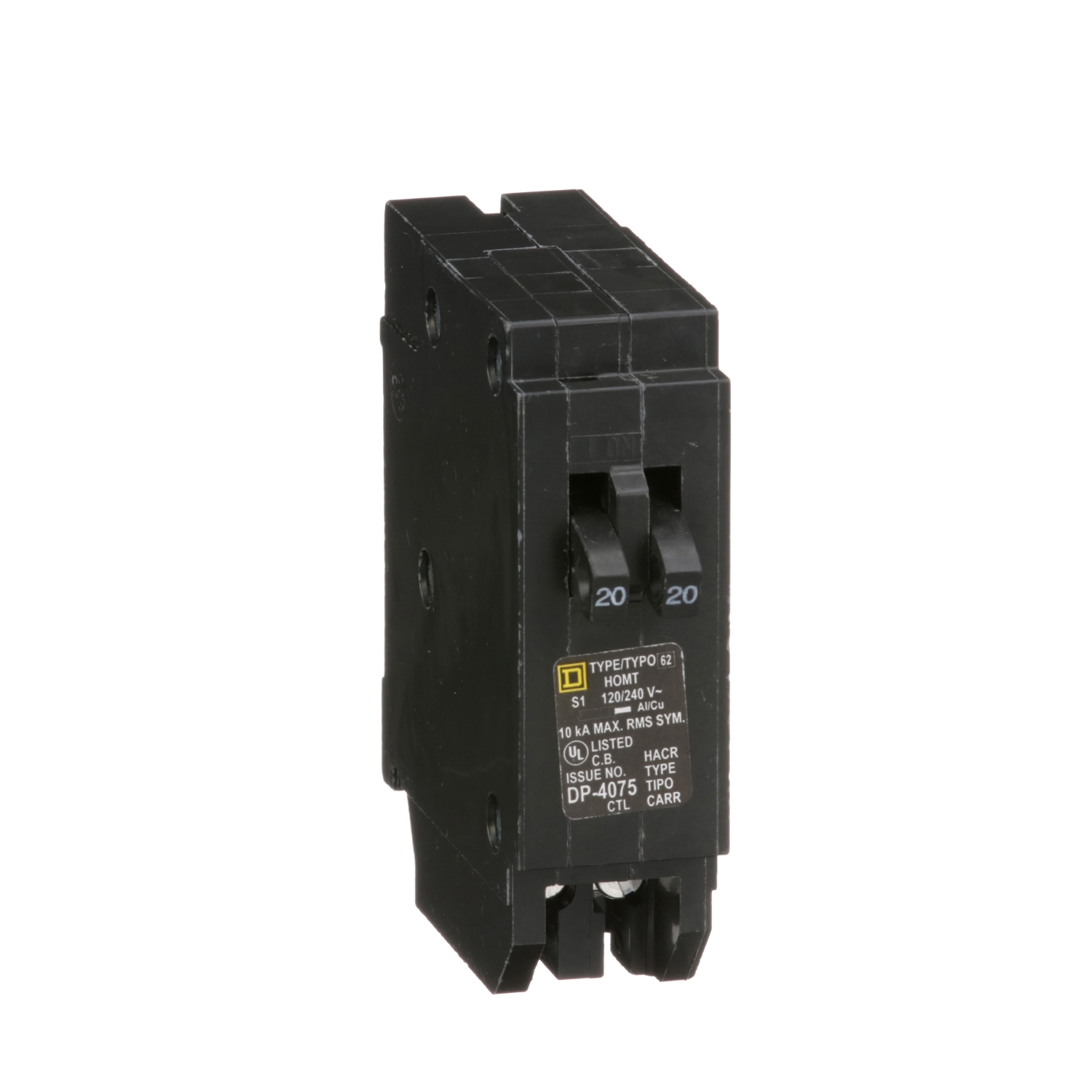 Disyuntor tándem, Homeline, 2 x 1 polo a 20 A, 120/240 V CA, 10 kA AIR, enchufable, UL