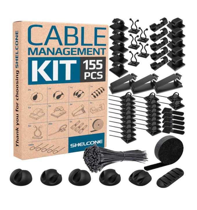 Kit organizador de cables de 155 piezas cuenta con 6 soportes para cables, 23 clips adhesivos para cables, 20 soportes para bridas, 5 bridas reutilizables, 1 rollo, 100 bridas negras