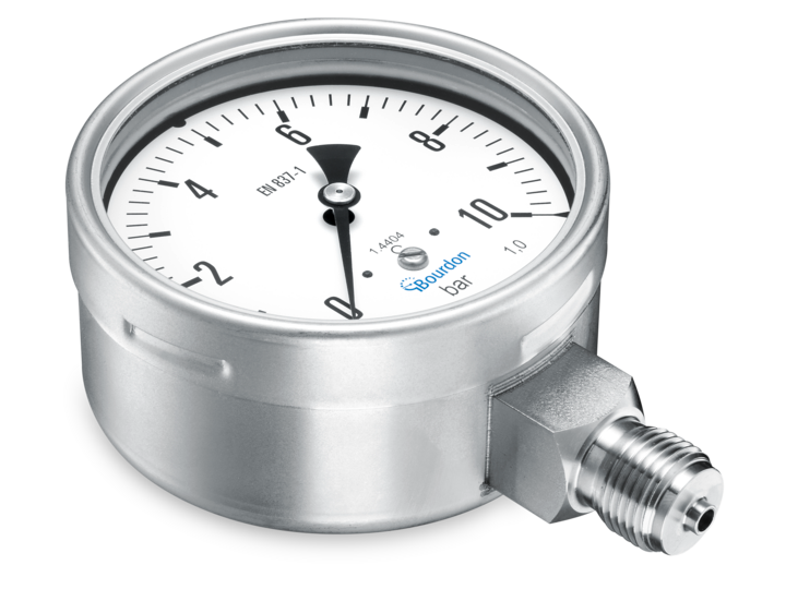 Bourdon MEX5 Pressure Gauge, stainless steel,Mounting Type Bottom connection, Process Connection NPT 1/2in, Low viscosity glycerin/water, 0 to 100psi, DIAL 4'' Adjustable micro metric pointer Brand Bourdon
