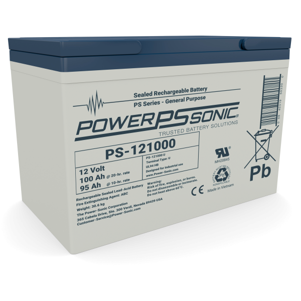 Batería de plomo-ácido sellada y recargable 12VDC 100AH con tornillo inserto marca Power Sonic L: 12.05 (306) W: 6.61 (168) H: 8.19 (208) 67.5 lbs. (30.6 kg)