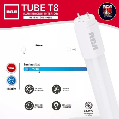 Tubo Led lineal T8 18w 120cm 6500k 85..277V 25000 horas 1800 lm marca RCA