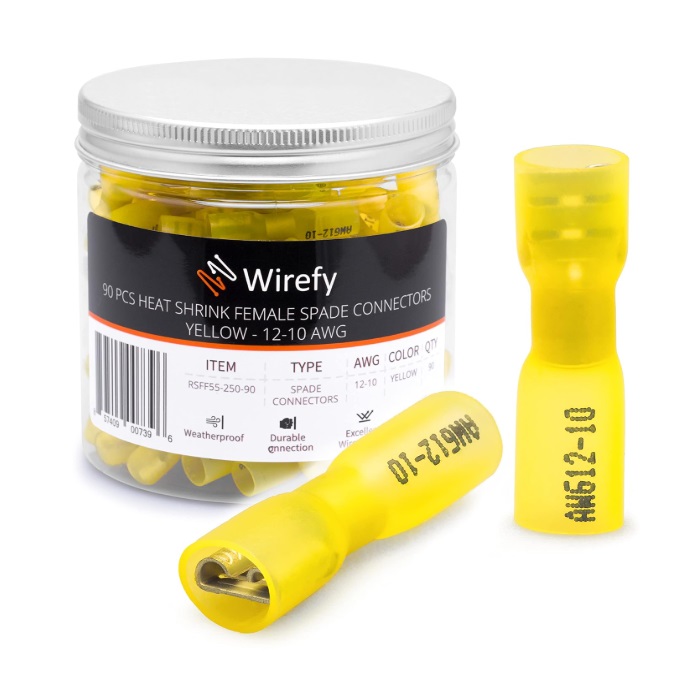 Wirefy 90 conectores de cable de desconexion rapida- terminales de pala para uso de bajo voltaje, color amarillo 12-10 AWG