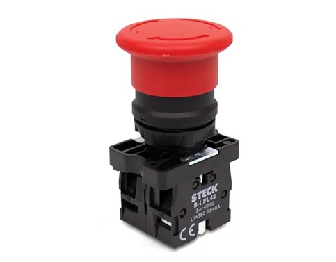 Pulsador de emergencia tipo hongo rojo STECK plástico 22,5mm 1NC 600Vac