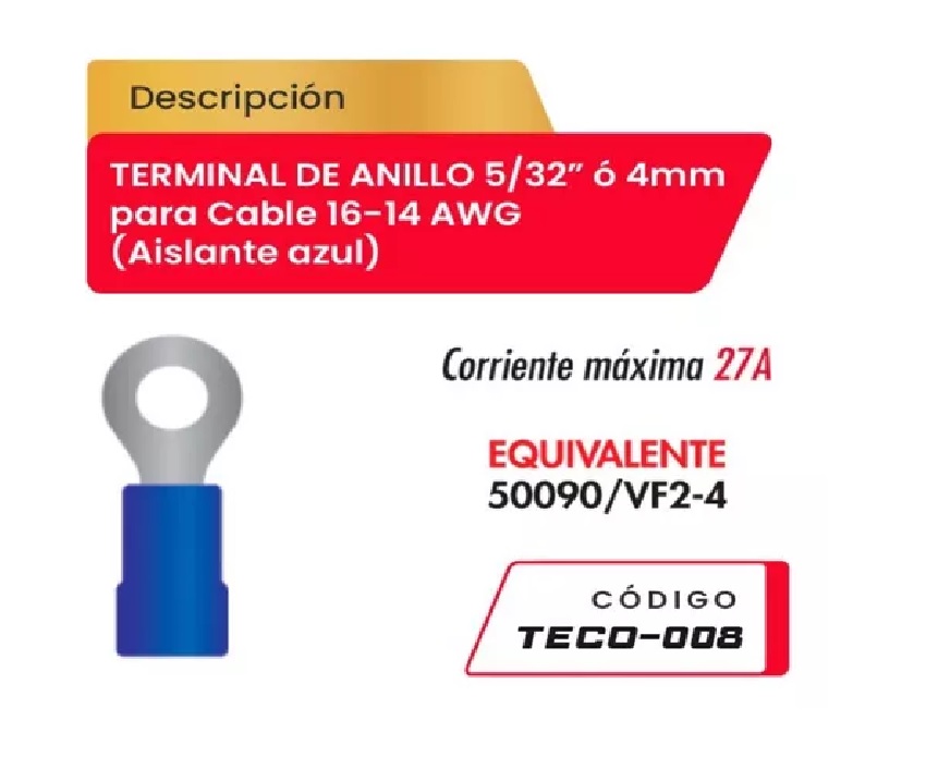 Terminal tipo anillo 5/32 para conductores de cobre calibre 16-14AWG