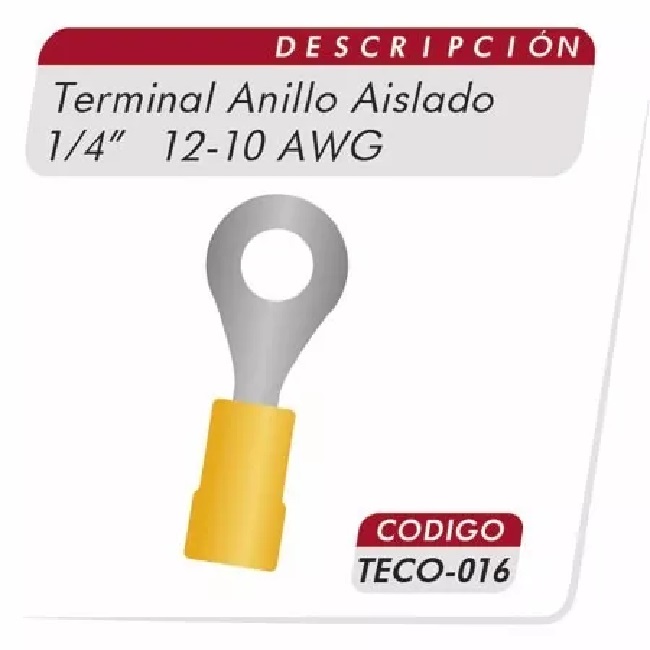 Terminal tipo anillo 1/4 para conductores de cobre calibre 12-10AWG Amarillo