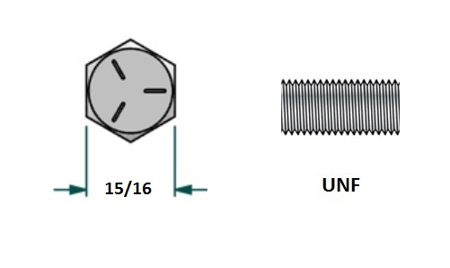 Tornillo hexagonal UNF D5/8 x LR2 con 18 hilos para llave 15/16 realizado en acero zincado