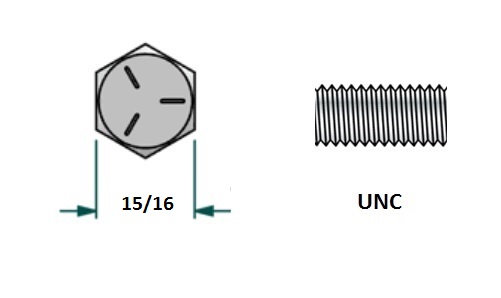 Tornillo hexagonal UNC D5/8 x L3 R1 1/2 con 11 hilos para llave 15/16 realizado en acero zincado