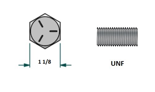 Tornillo hexagonal UNF D3/4 x LR1 1/2 con 16 hilos para llave 1 1/8realizado en acero zincado