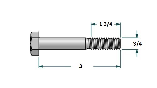 Tornillo hexagonal UNF D3/4 x L3 R1 3/4 con 16 hilos para llave 1 1/8realizado en acero zincado