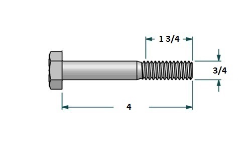 Tornillo hexagonal UNF D3/4 x L4 R1 3/4 con 16 hilos para llave 1 1/8realizado en acero zincado