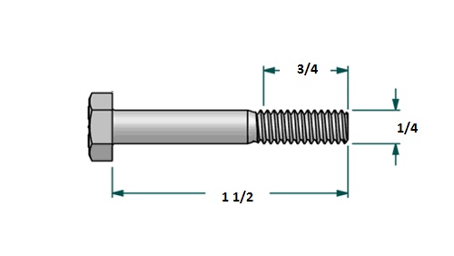 Tornillo hexagonal UNF D1/4 x L1 1/2 R3/4 con 28 hilos para llave 7/16 realizado en acero zincado