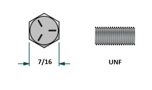 Tornillo hexagonal UNF D1/4 x L1 1/2 R3/4 con 28 hilos para llave 7/16 realizado en acero zincado