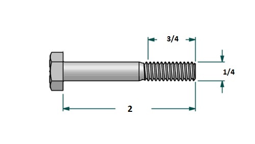 Tornillo hexagonal UNC D1/4 x L2 R3/4 con 20 hilos para llave 7/16 realizado en acero zincado