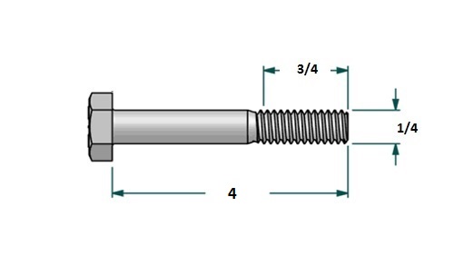 Tornillo hexagonal UNF D1/4 x L4 R3/4 con 28 hilos para llave 7/16 realizado en acero zincado