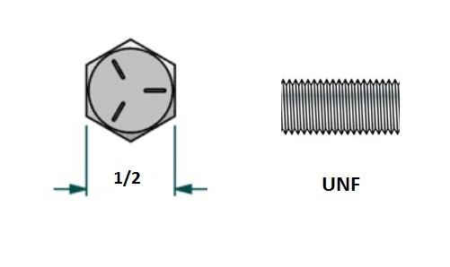 Tornillo hexagonal UNF D5/16 x L1 1/2 R7/8 con 24 hilos para llave 1/2 realizado en acero zincado