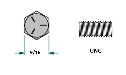 Tornillo hexagonal UNC D3/8 x L1 1/2 R1 con 16 hilos para llave 9/16 realizado en acero zincado