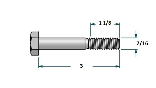 Tornillo hexagonal UNF D7/16 x L3 R 1 1/8 con 20 hilos para llave 5/8 realizado en acero zincado