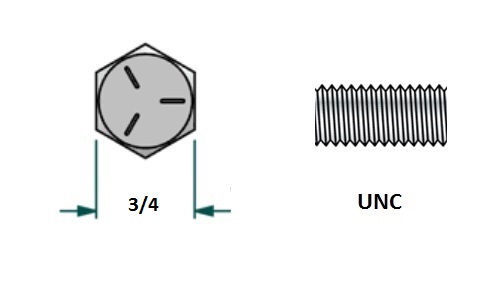 Tornillo hexagonal UNC D1/2 x LR1 1/2 con 13 hilos para llave 3/4 realizado en acero zincado