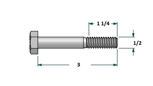 Tornillo hexagonal UNF D1/2 x L3 R1 1/4 con 20 hilos para llave 3/4 realizado en acero zincado